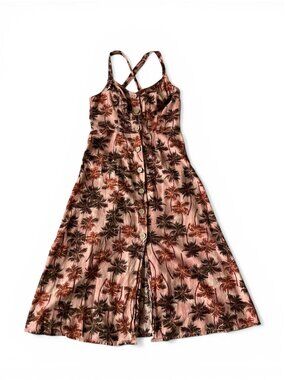 a.n.a Palm Tree Button-Front Sun Dress - Cotton Linen Cross-Back Midi - S